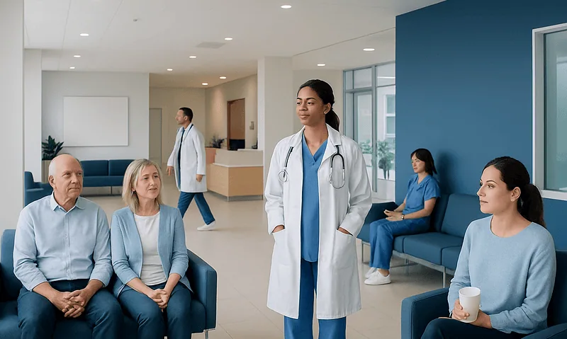 Healthcare professionals and patients in a modern hospital waiting area.