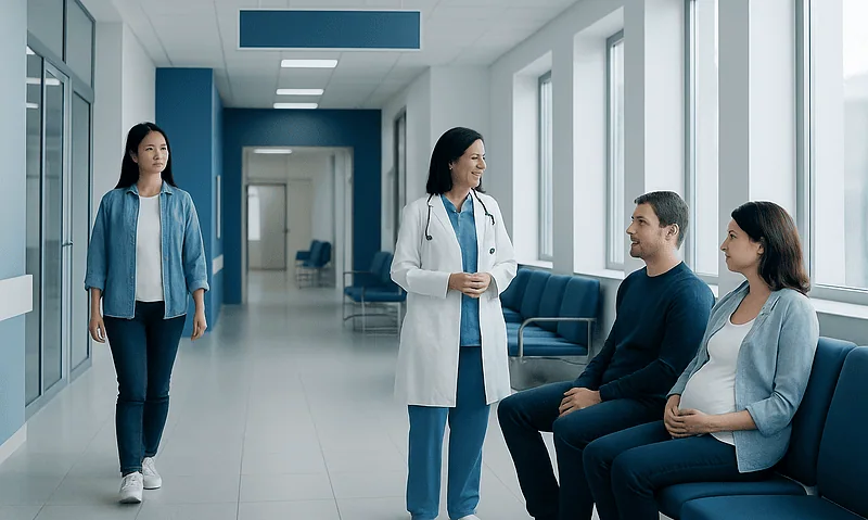 Medical consultation in a modern hospital corridor with pregnant woman and visitors.