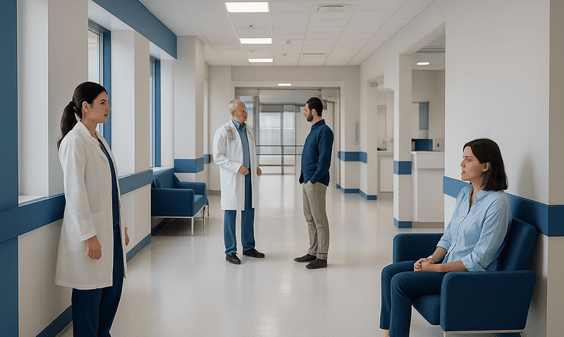Medical professionals and patient in hospital corridor at Acibadem Hospitals Group.