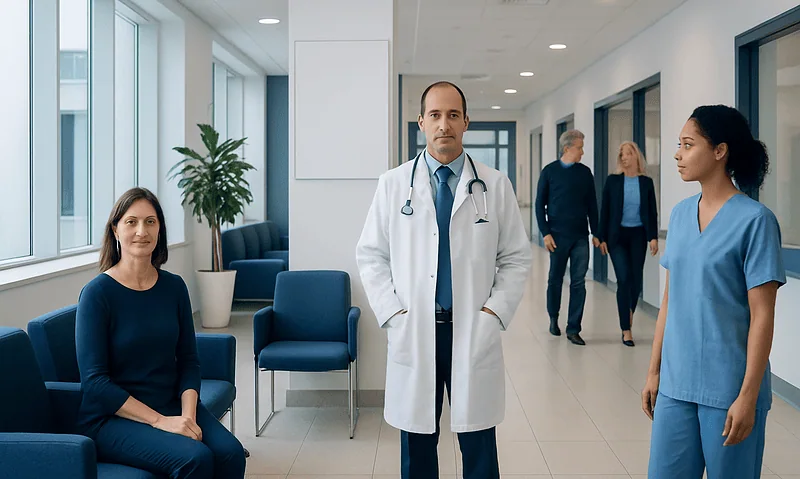 Medical professionals and patient in a hospital corridor at Acibadem Hospitals Group.