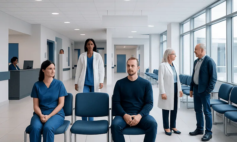 Medical consultation in a modern hospital waiting area with healthcare professionals.