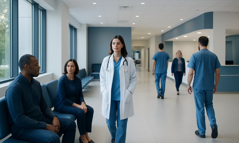 Medical staff and patients in a modern hospital corridor.