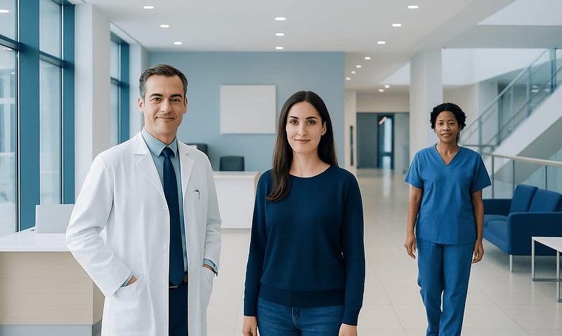 Medical team at Acibadem Hospital with doctor and nurses in modern hospital lobby.