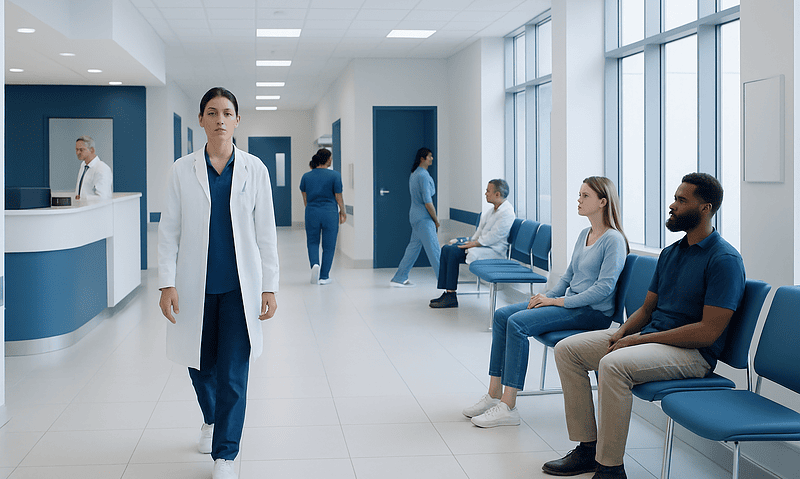 Hospital waiting area with medical staff and patients.