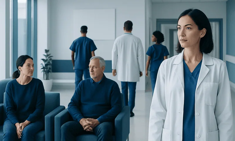 Medical professionals and patients in a hospital waiting area.