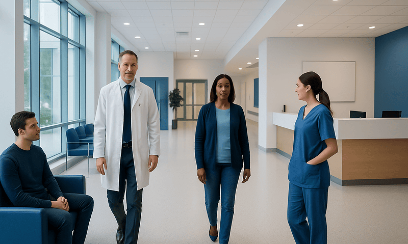 Medical team discussing patient care in hospital corridor.