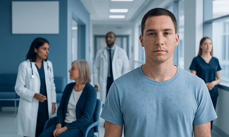 Young man with measles rash in hospital corridor with medical staff.