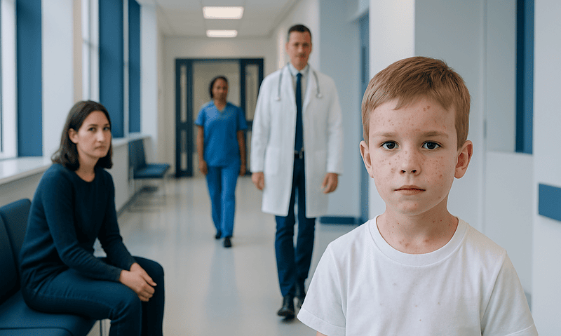 Young boy with measles in hospital corridor with medical staff and a woman.