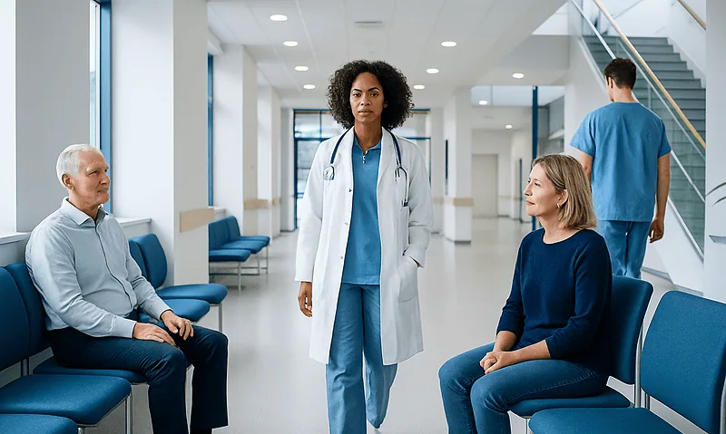 Healthcare professional consulting patients in a modern hospital corridor.