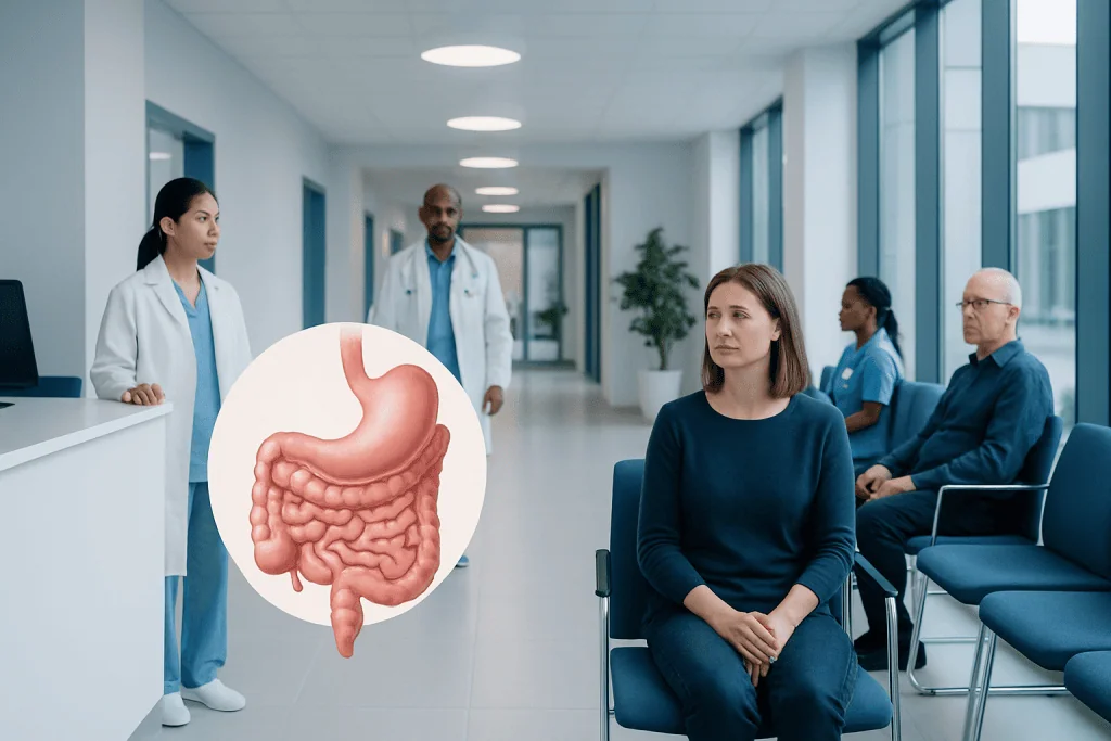 Meckel's Diverticulum: What Patients Need to Know 1 Patient in hospital waiting area with medical staff and a graphic of the digestive system.