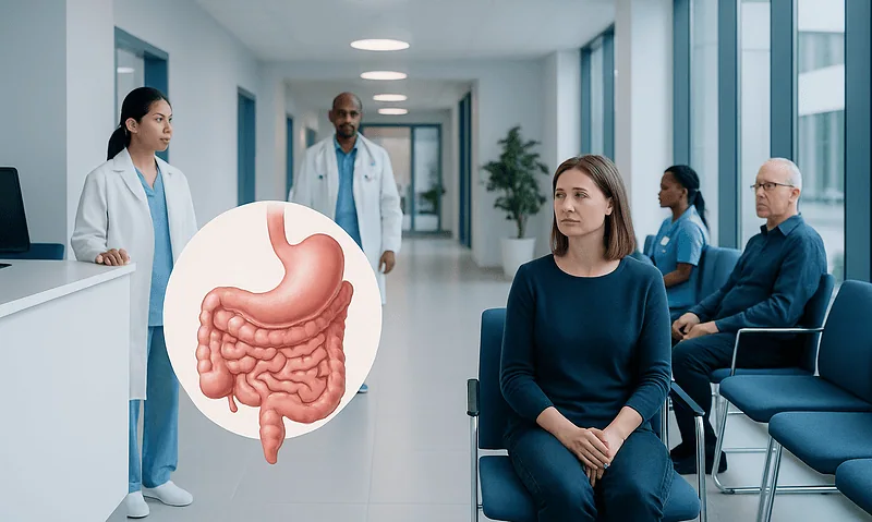 Patient in hospital waiting area with medical staff and a graphic of the digestive system.