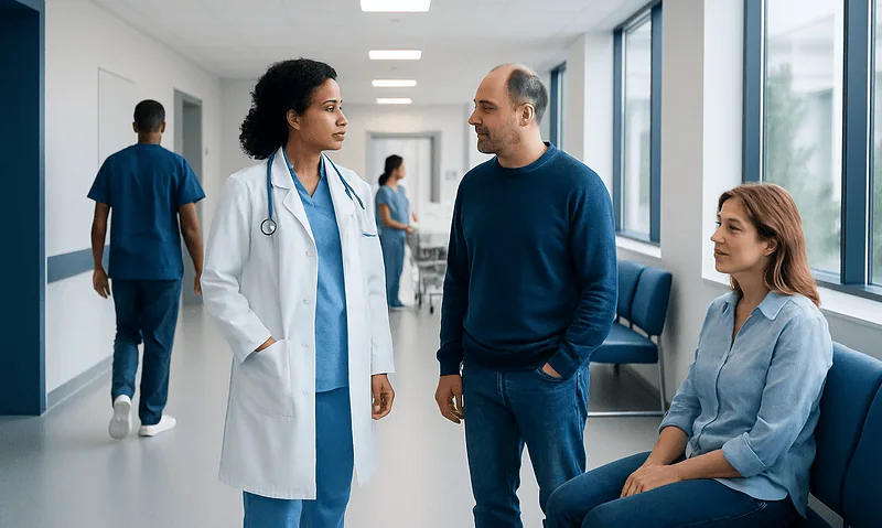 Doctor consulting with patient in hospital corridor at Acibadem Hospitals Group.