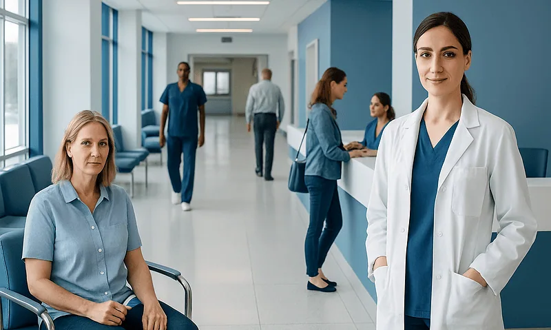 Healthcare professionals and patients in a modern hospital corridor.