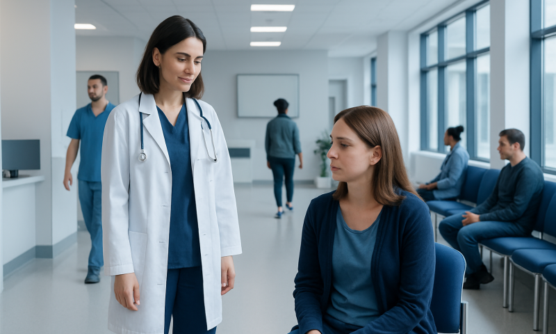 Doctor talking to a patient in a hospital waiting area.