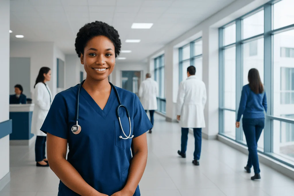 What Do Medical Assistants Do? Here Is What the Evidence Says 1 Young female medical assistant smiling in hospital corridor with staff in background.