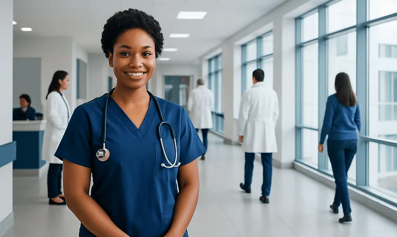 Young female medical assistant smiling in hospital corridor with staff in background.