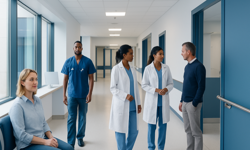 Medical team discussing patient care in hospital corridor.