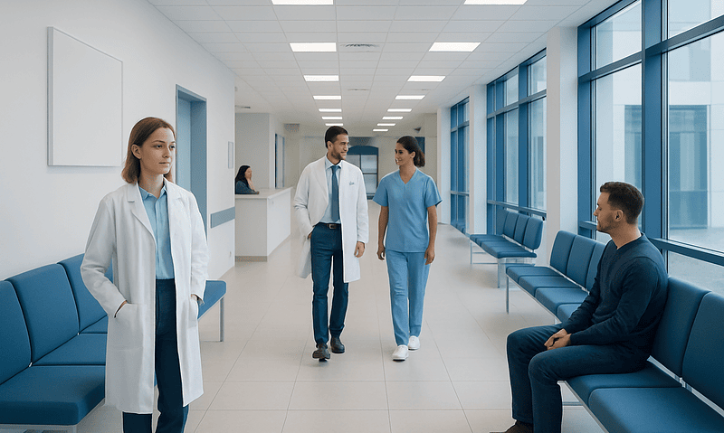Medical professionals in hospital corridor engaging in discussion.