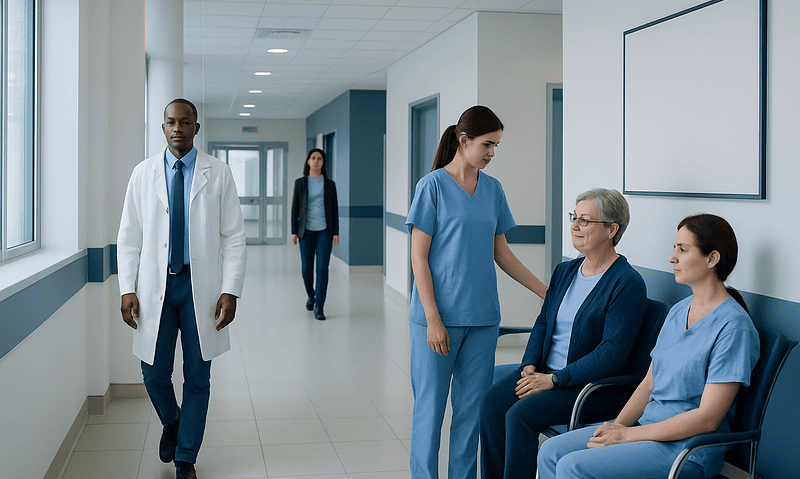 Healthcare professionals and patients in a modern hospital corridor.