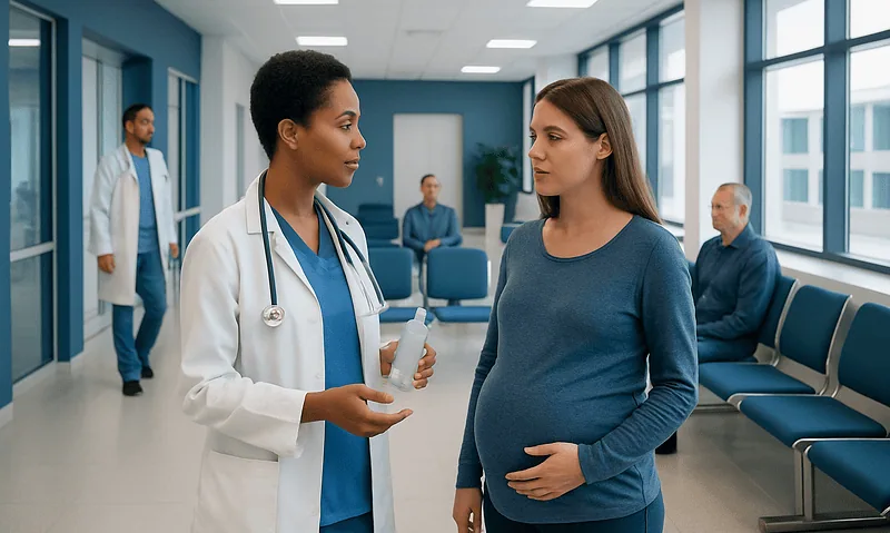 Doctor consulting pregnant woman in hospital corridor.