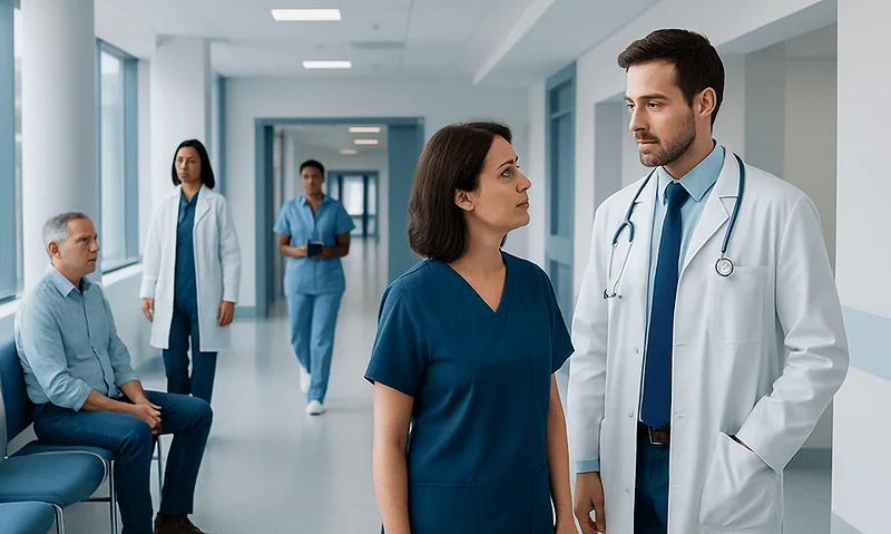Medical team discussing patient care in hospital corridor.