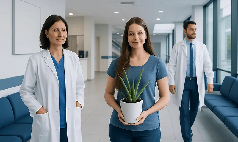 Young woman holding a potted aloe vera plant in a hospital corridor.