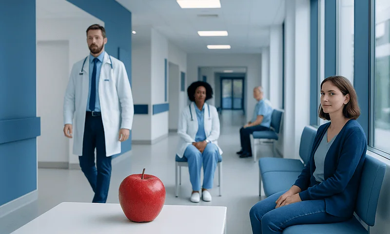 Medical team in hospital corridor with a large apple on a table.