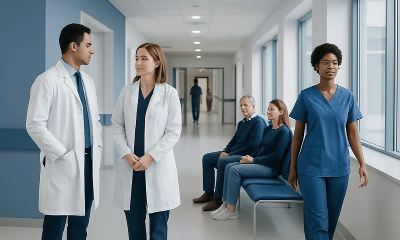 Medical professionals and patients in a hospital corridor at Acibadem Hospitals Group.