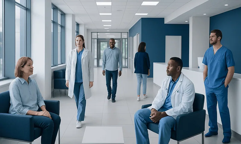 Medical team in hospital waiting area with patients and staff.