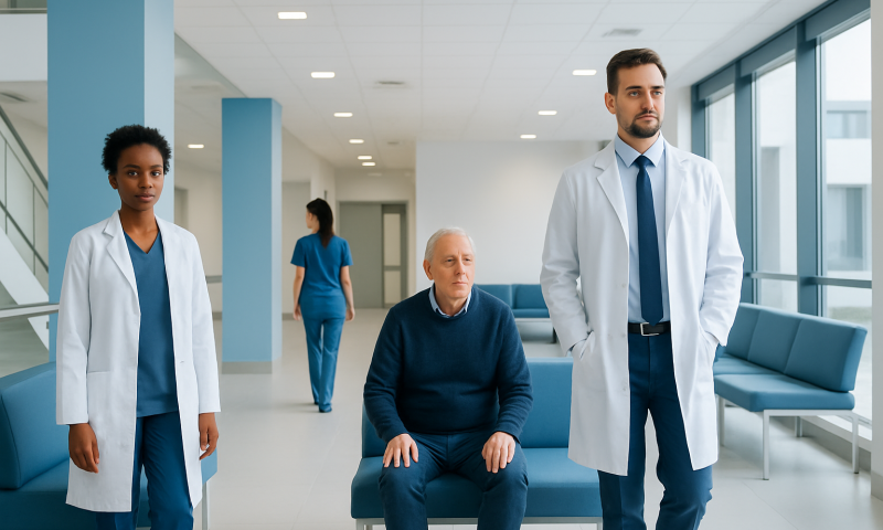 Medical team with patient in hospital corridor at Acibadem Hospitals Group.