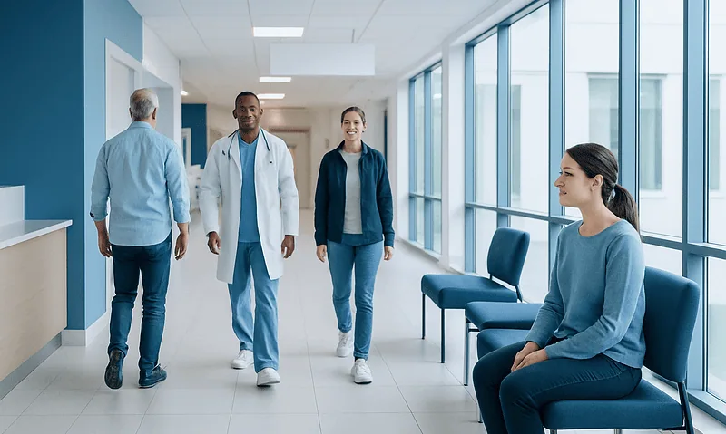Hospital corridor with medical staff and patient in waiting area.