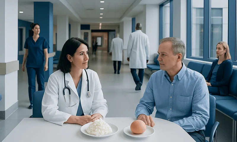 Cottage Cheese and Eggs — Explained by Medical Evidence, Not Myths 6 Doctor and patient discussing diet with eggs and rice in hospital corridor.