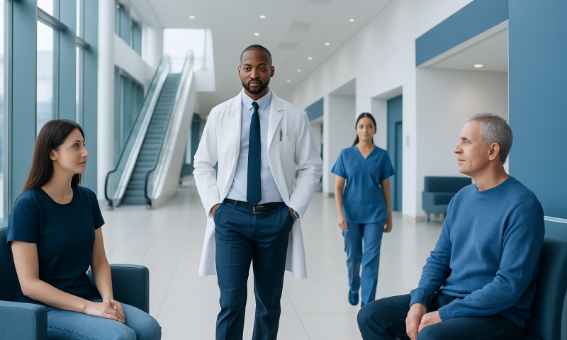 Medical consultation in a modern hospital with diverse healthcare professionals.