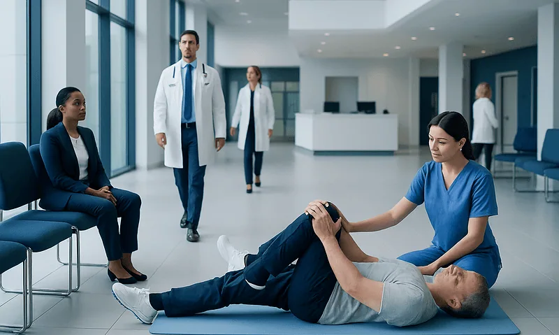 Medical professionals assist a patient with lower back pain in a hospital corridor.