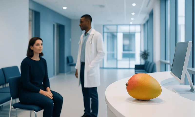 Doctor consulting patient in a modern hospital corridor with a mango on the desk.