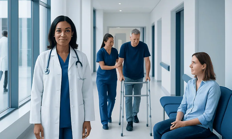 Healthcare professionals and patient in hospital corridor with medical staff and walker.