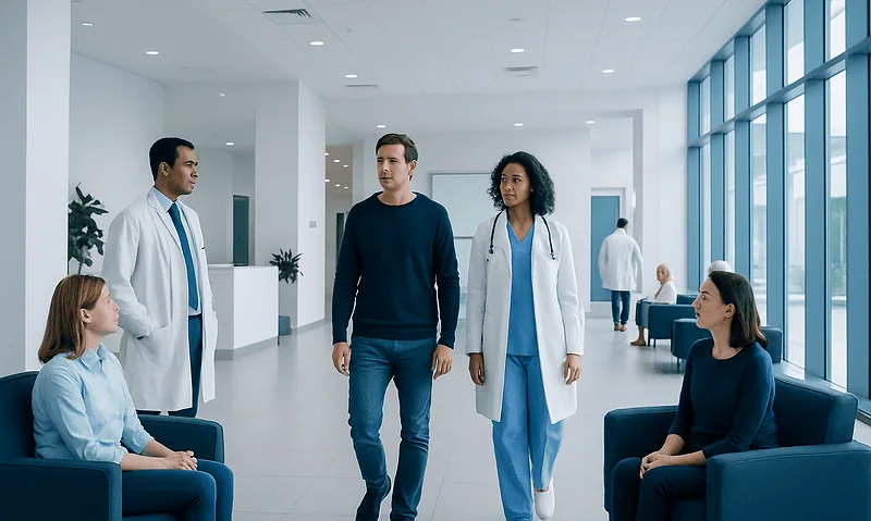 Patients and doctors in a modern hospital lobby engaging in conversation.