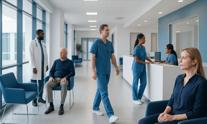 Medical staff and patients in a modern hospital waiting area.