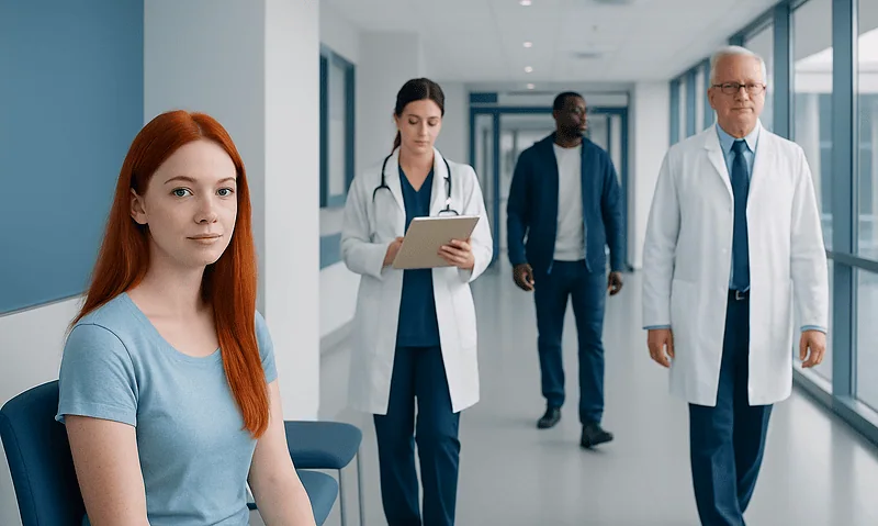 Red Hair Dye — Explained by Medical Evidence, Not Myths 5 Young woman with red hair in a hospital corridor with medical staff.