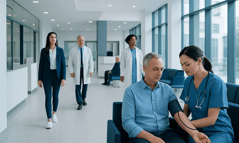 Medical professional checks blood pressure of a patient in a modern hospital.