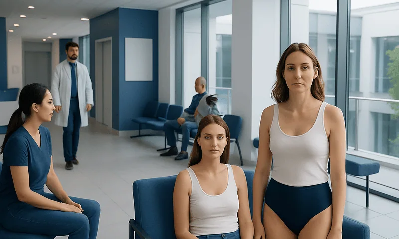 Women waiting in a modern hospital corridor with medical staff present.