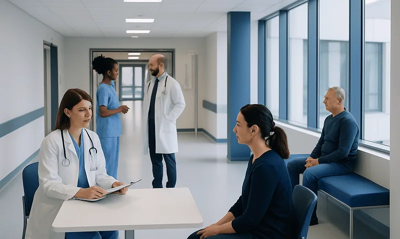 Medical consultation in a hospital corridor with doctors and patients.