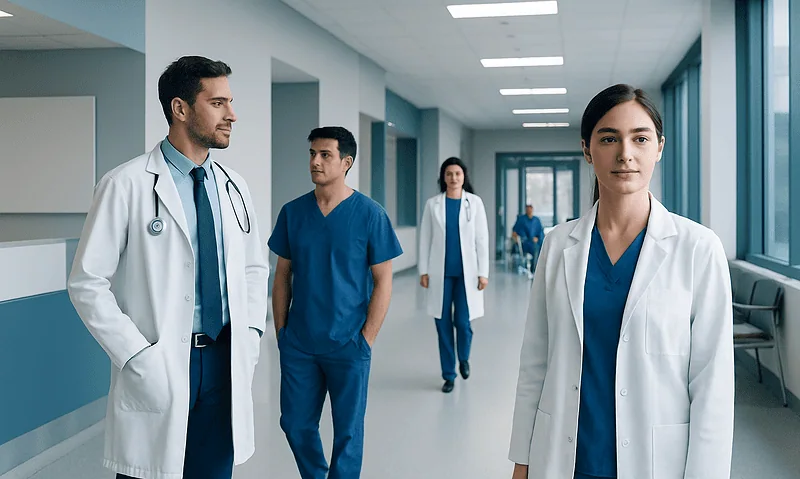 Medical professionals walking in hospital corridor at Acibadem Hospitals Group.
