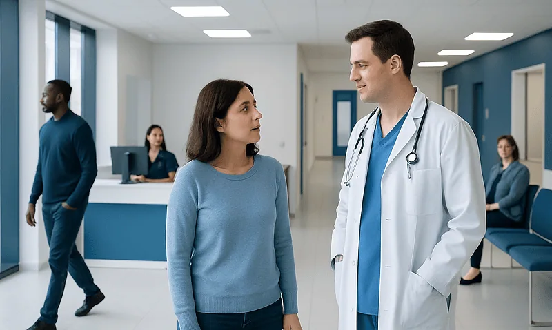 Doctor talking to a patient in a hospital corridor at Acibadem Hospitals Group.