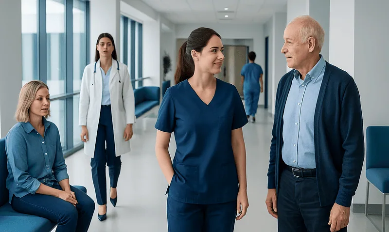 Healthcare professionals and patient in hospital corridor at Acibadem Hospitals Group.