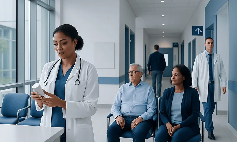 Healthcare professionals and patients in a hospital corridor at Acibadem Hospitals Group.