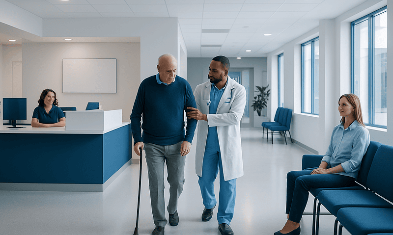 Doctor assisting elderly patient in hospital corridor with waiting area.