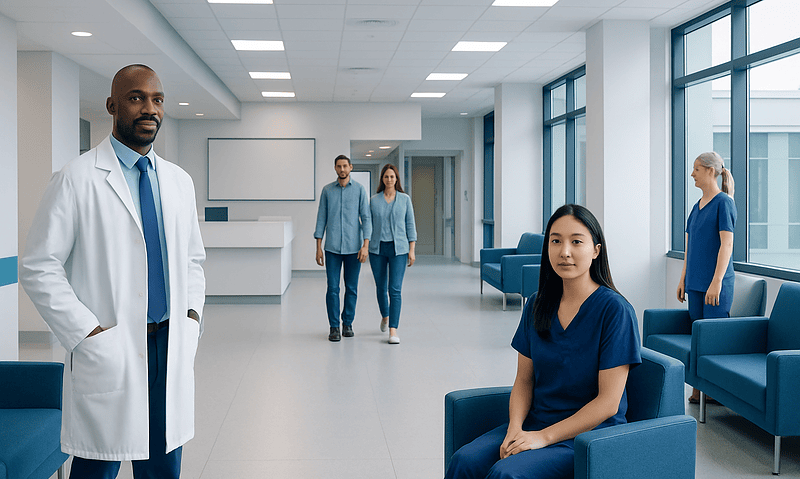 Diverse medical team in modern hospital corridor at Acibadem Hospitals Group.
