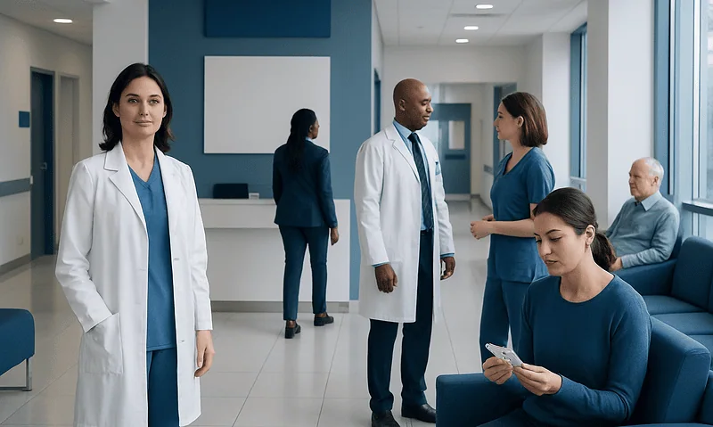 Medical professionals in hospital lobby with patients and staff.