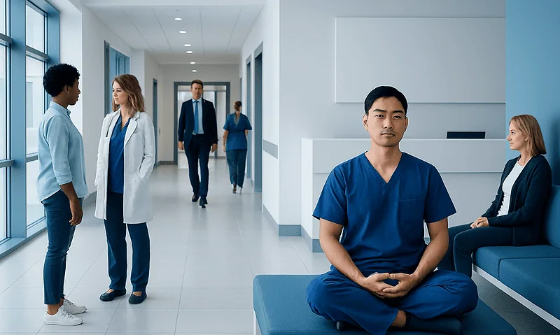 Medical professionals and patient in a hospital corridor at Acibadem Hospitals Group.